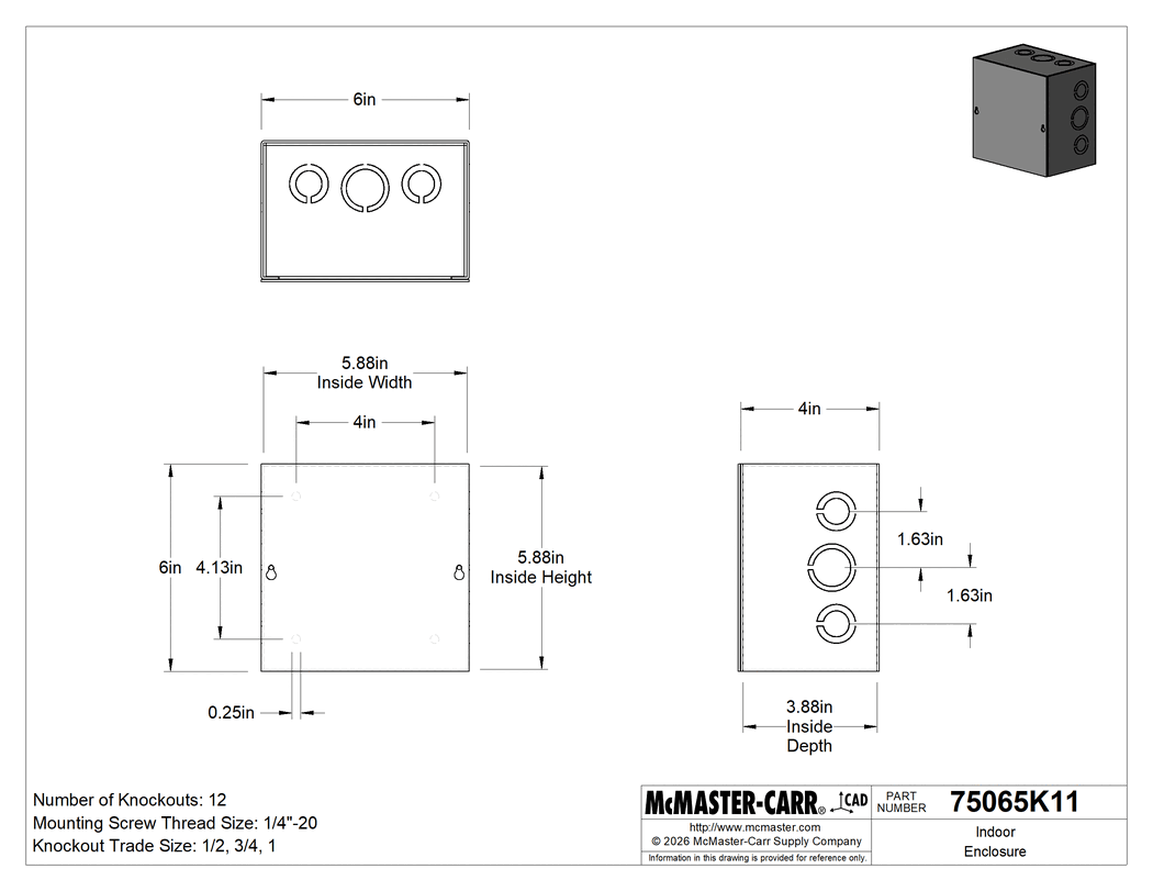 Technical Drawing of Indoor Enclosure, with Lift-Off Cover and Knockouts, 6" x 6" x 4".